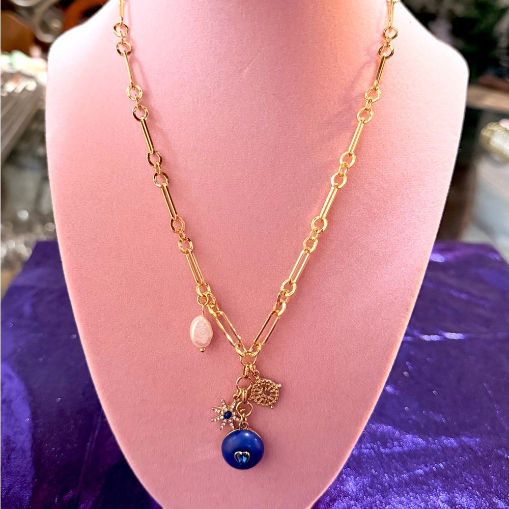 Gold and Blue Charm Necklace